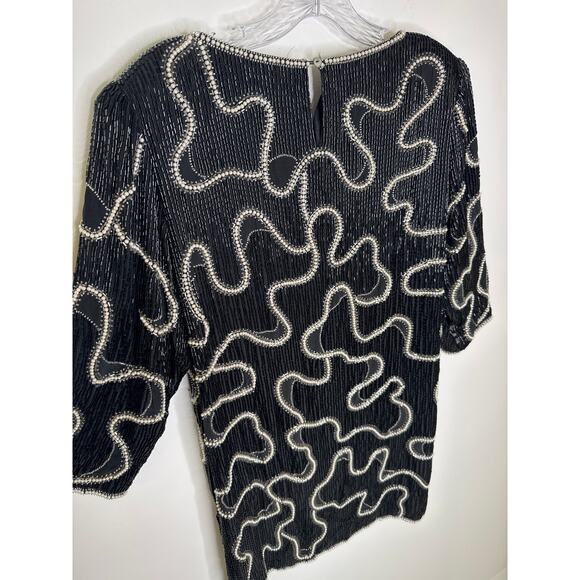 Vintage Michelle Yim for Zimble Silk Beaded Mini Dress Black Pearl 80s Glam M - Picture 14 of 16